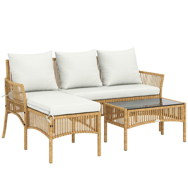 Salon de jardin extérieur d'angle 4 places en résine tressée, canapé 2 places, chaise longue, table basse, plateau en verre trempé et coussins, mobilier de jardin, terrasse, patio, crème