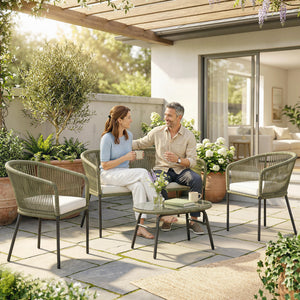 Salon de Jardin Extérieur 4 Places - PP Rond Tressé avec Canapé 2 Places, 2 Fauteuils et Table Basse Verre Trempé - Mobilier de Jardin pour Balcon Terrasse avec Coussins Déhoussables, Crème