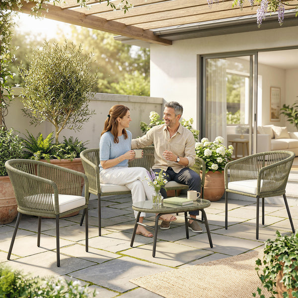 Salon de Jardin Extérieur 4 Places - PP Rond Tressé avec Canapé 2 Places, 2 Fauteuils et Table Basse Verre Trempé - Mobilier de Jardin pour Balcon Terrasse avec Coussins Déhoussables, Crème