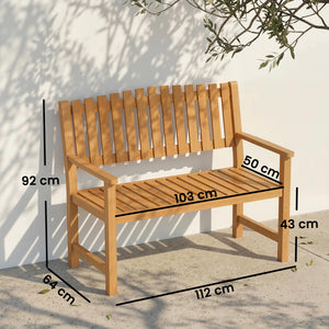 Banc de jardin 2 places en acacia FSC avec design à lattes, accoudoirs, banc jusqu'à 320 kg, pour balcon/jardin/terrasse 112 x 64 x 92 cm Bois naturel