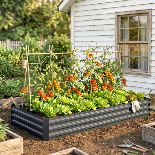 Carré Potager en Métal Modulable - Potager Surélevé 241x90,5x30cm en Acier Galvanisé - Jardinière Extérieur Anti-Rouille pour Légumes et Fleurs, Gris