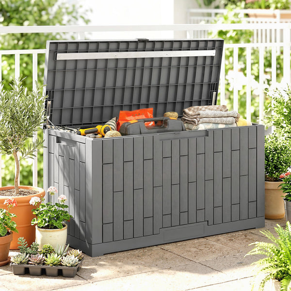 Coffre de Rangement Extérieur 379 L Verrouillable avec Vérin à Gaz, Boîte de Jardin en Aspect Bois Résistant aux UV, pour Outils Accessoires, 122,5x56x62cm, Gris