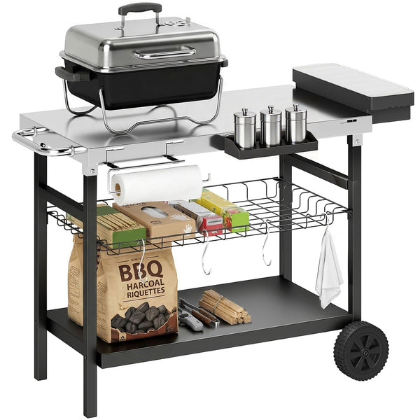 Desserte Jardin à 3 Niveaux avec Plan de Travail Inox, Panier Amovible, Étagères Ouvertes, Boîte à Épices, 2 Roues, 4 Crochets, Poignée Latérale, Chariot Barbecue pour Plancha, Noir