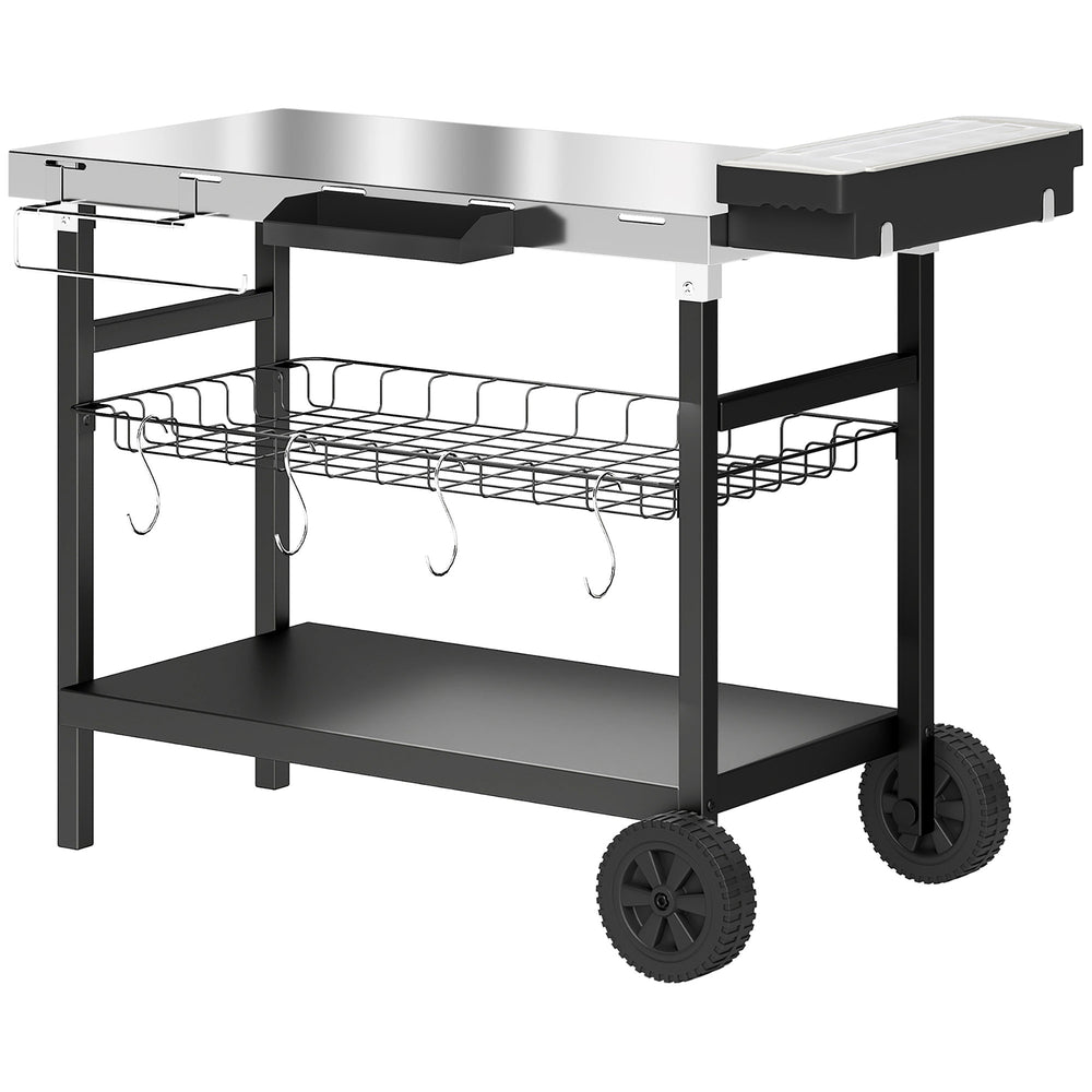 Desserte Jardin à 3 Niveaux avec Plan de Travail Inox, Panier Amovible, Étagères Ouvertes, Boîte à Épices, 2 Roues, 4 Crochets, Poignée Latérale, Chariot Barbecue pour Plancha, Noir