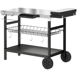 Desserte Jardin à 3 Niveaux avec Plan de Travail Inox, Panier Amovible, Étagères Ouvertes, Boîte à Épices, 2 Roues, 4 Crochets, Poignée Latérale, Chariot Barbecue pour Plancha, Noir