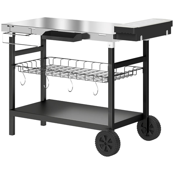 Desserte Jardin à 3 Niveaux avec Plan de Travail Inox, Panier Amovible, Étagères Ouvertes, Boîte à Épices, 2 Roues, 4 Crochets, Poignée Latérale, Chariot Barbecue pour Plancha, Noir