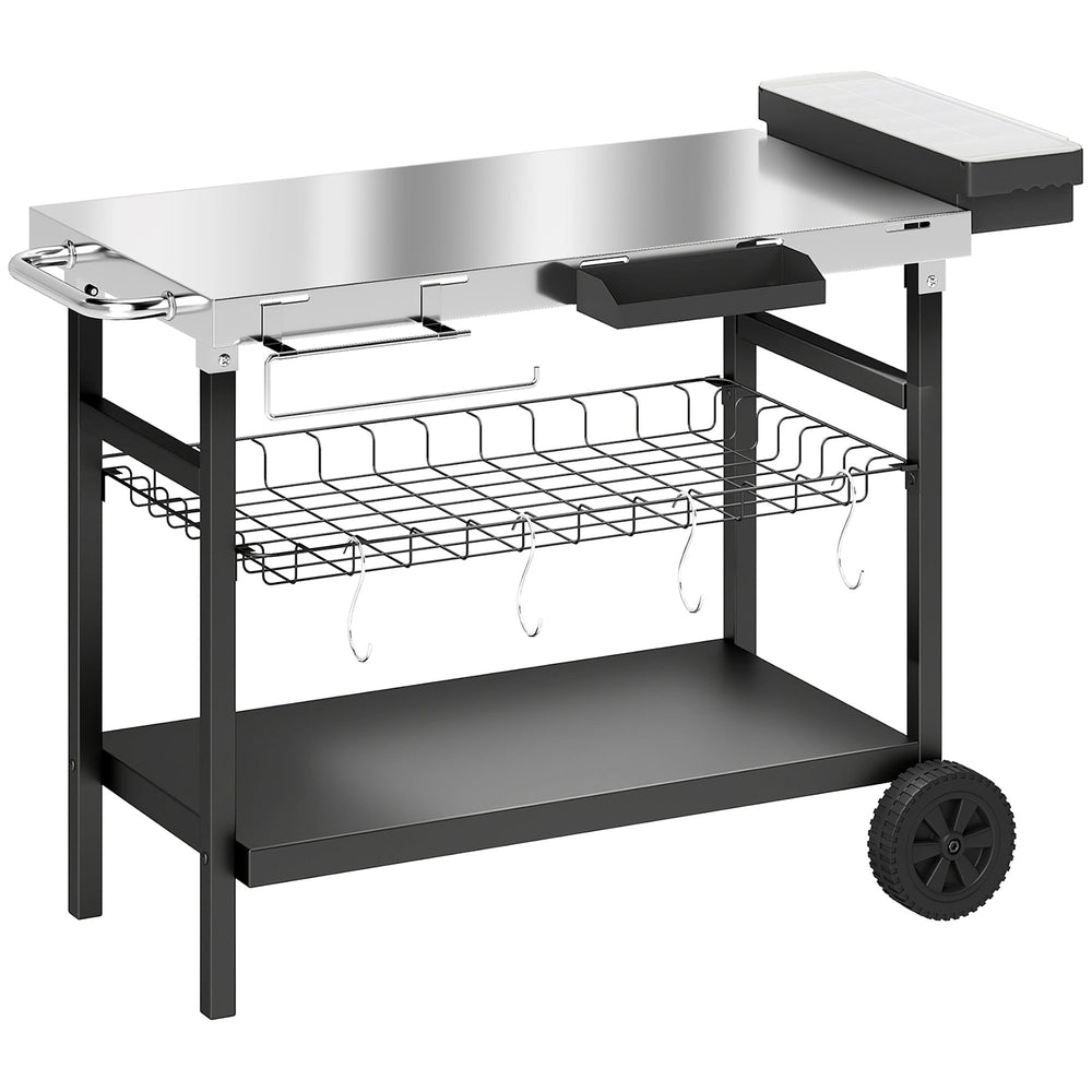 Desserte Jardin à 3 Niveaux avec Plan de Travail Inox, Panier Amovible, Étagères Ouvertes, Boîte à Épices, 2 Roues, 4 Crochets, Poignée Latérale, Chariot Barbecue pour Plancha, Noir
