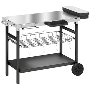 Desserte Jardin à 3 Niveaux avec Plan de Travail Inox, Panier Amovible, Étagères Ouvertes, Boîte à Épices, 2 Roues, 4 Crochets, Poignée Latérale, Chariot Barbecue pour Plancha, Noir