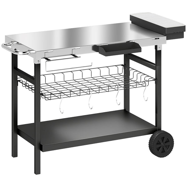 Desserte Jardin à 3 Niveaux avec Plan de Travail Inox, Panier Amovible, Étagères Ouvertes, Boîte à Épices, 2 Roues, 4 Crochets, Poignée Latérale, Chariot Barbecue pour Plancha, Noir