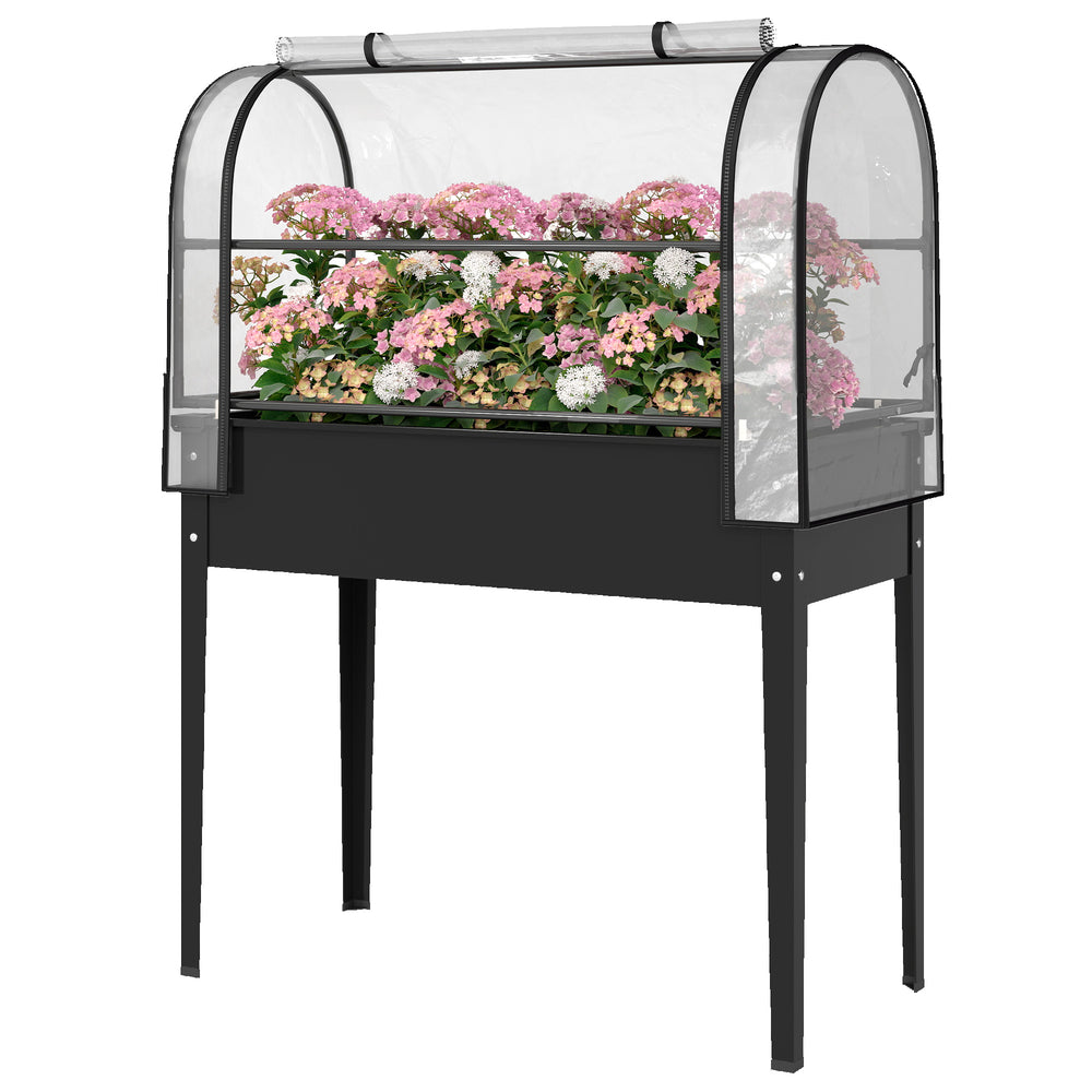 Potager sur Pieds avec Serre Rabattable, Jardinière Surélevée en Métal avec Volume 97L, Trou de Drainage, pour Plantes Fleurs Légumes, 100 x 49 x 136 cm, Noir