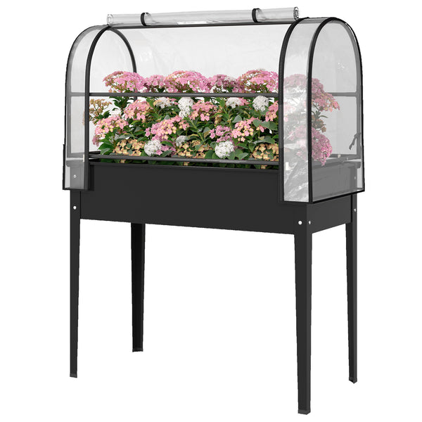 Potager sur Pieds avec Serre Rabattable, Jardinière Surélevée en Métal avec Volume 97L, Trou de Drainage, pour Plantes Fleurs Légumes, 100 x 49 x 136 cm, Noir