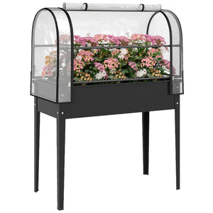Potager sur Pieds avec Serre Rabattable, Jardinière Surélevée en Métal avec Volume 97L, Trou de Drainage, pour Plantes Fleurs Légumes, 100 x 49 x 136 cm, Noir