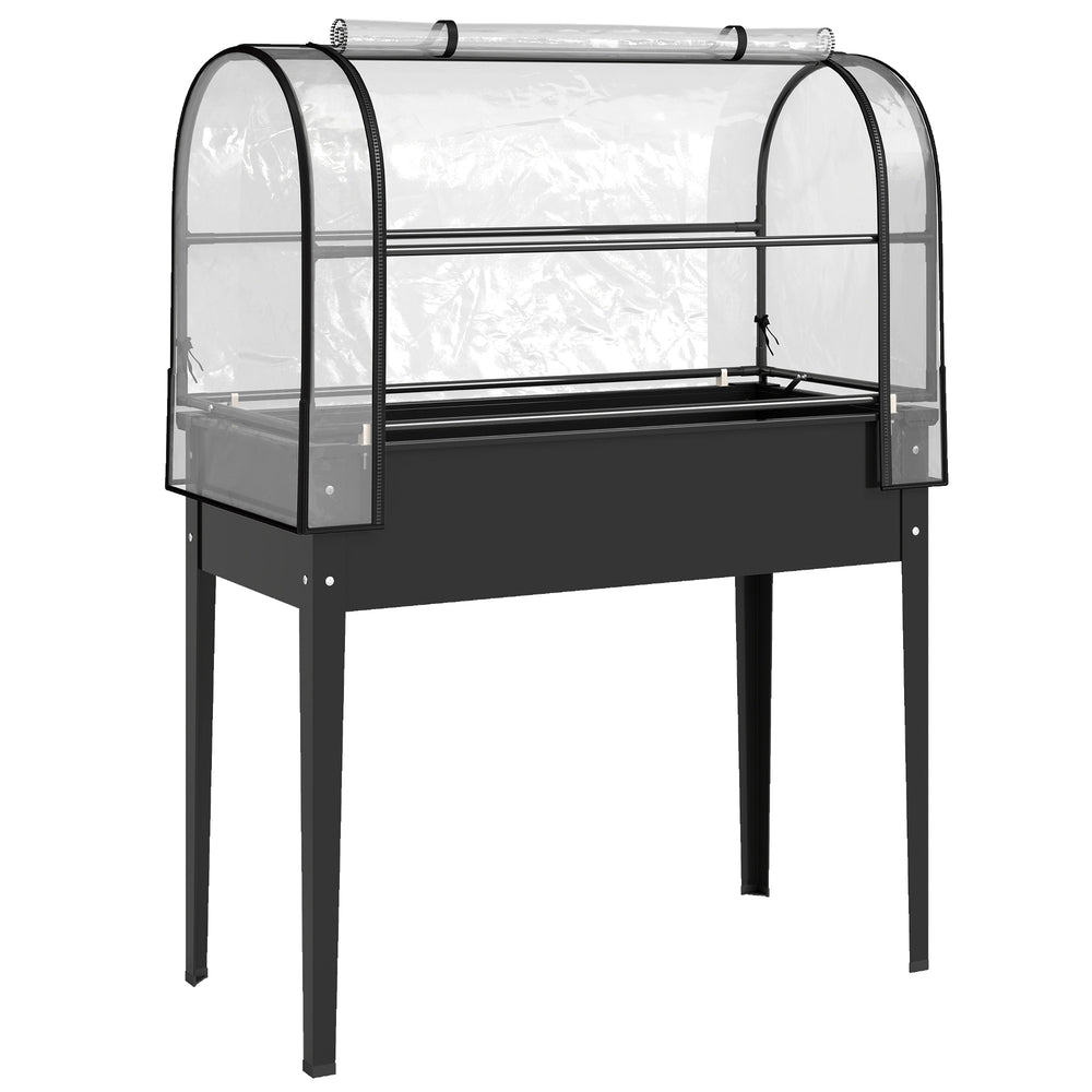 Potager sur Pieds avec Serre Rabattable, Jardinière Surélevée en Métal avec Volume 97L, Trou de Drainage, pour Plantes Fleurs Légumes, 100 x 49 x 136 cm, Noir