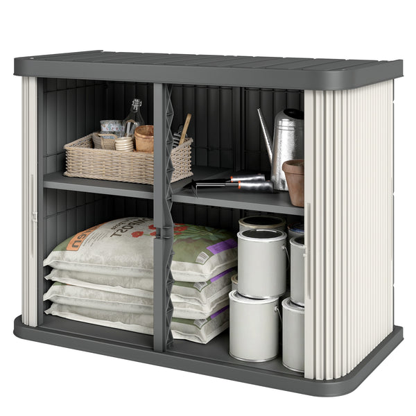 Coffre de Rangement Extérieur 480 L, 2 Niveaux avec Portes Coulissantes, Boîte de Jardin Résistant aux UV, pour Jardin Terrasse, 120,5x59,5x92cm, Marron Clair