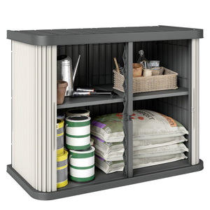 Coffre de Rangement Extérieur 480 L, 2 Niveaux avec Portes Coulissantes, Boîte de Jardin Résistant aux UV, pour Jardin Terrasse, 120,5x59,5x92cm, Marron Clair