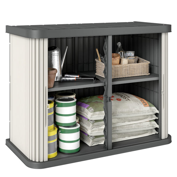 Coffre de Rangement Extérieur 480 L, 2 Niveaux avec Portes Coulissantes, Boîte de Jardin Résistant aux UV, pour Jardin Terrasse, 120,5x59,5x92cm, Marron Clair