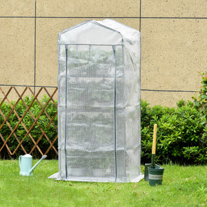 Serre de Jardin PE avec Étagères 4 Niveaux, Serre de Balcon, Bâche Renforcée 140g/m², Châssis en Acier, Porte Zippée Enroulable, pour Légumes et Plantes, Extérieur, 70x50x160cm, Blanc et Gris