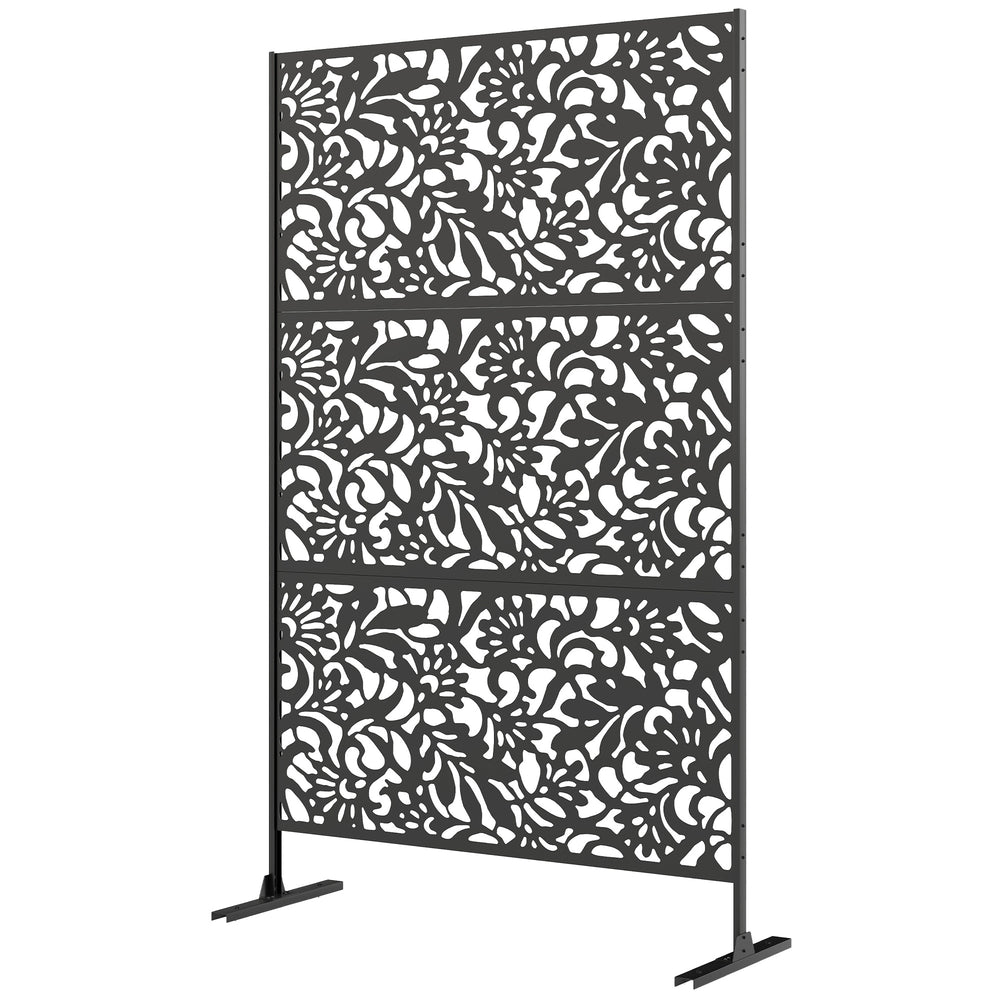 Panneau Brise Vue décoratif Extérieur Claustra Décoratif Jardin 3 Panneaux à motif floral paravent extérieur avec support en Acier galvanisé 122 x 45 x 198 cm, Noir
