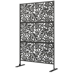 Panneau Brise Vue décoratif Extérieur Claustra Décoratif Jardin 3 Panneaux à motif floral paravent extérieur avec support en Acier galvanisé 122 x 45 x 198 cm, Noir