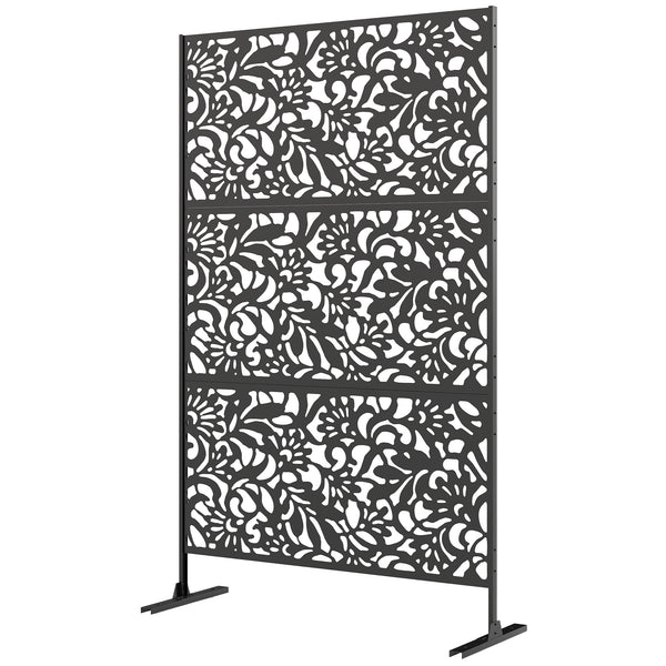 Panneau Brise Vue décoratif Extérieur Claustra Décoratif Jardin 3 Panneaux à motif floral paravent extérieur avec support en Acier galvanisé 122 x 45 x 198 cm, Noir