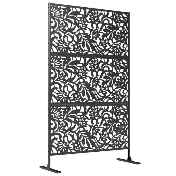 Panneau Brise Vue décoratif Extérieur Claustra Décoratif Jardin 3 Panneaux à motif floral paravent extérieur avec support en Acier galvanisé 122 x 45 x 198 cm, Noir