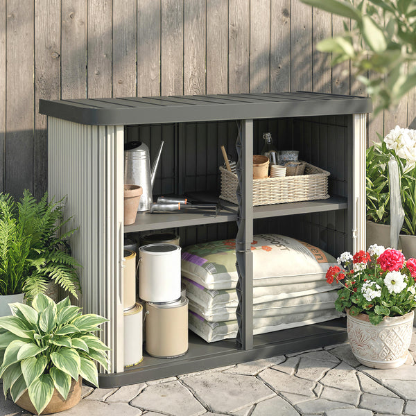 Coffre de Rangement Extérieur 480 L, 2 Niveaux avec Portes Coulissantes, Boîte de Jardin Résistant aux UV, pour Jardin Terrasse, 120,5x59,5x92cm, Marron Clair