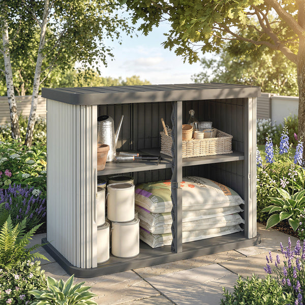Coffre de Rangement Extérieur 480 L, 2 Niveaux avec Portes Coulissantes, Boîte de Jardin Résistant aux UV, pour Jardin Terrasse, 120,5x59,5x92cm, Marron Clair