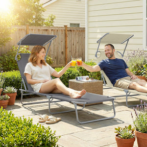 Transat Bain de Soleil Pliable Chaise Longue Pliante Grand Confort Dossier Inclinable Multi-positions et Pare-Soleil Réglable 187L x 58l x 36H cm Gris