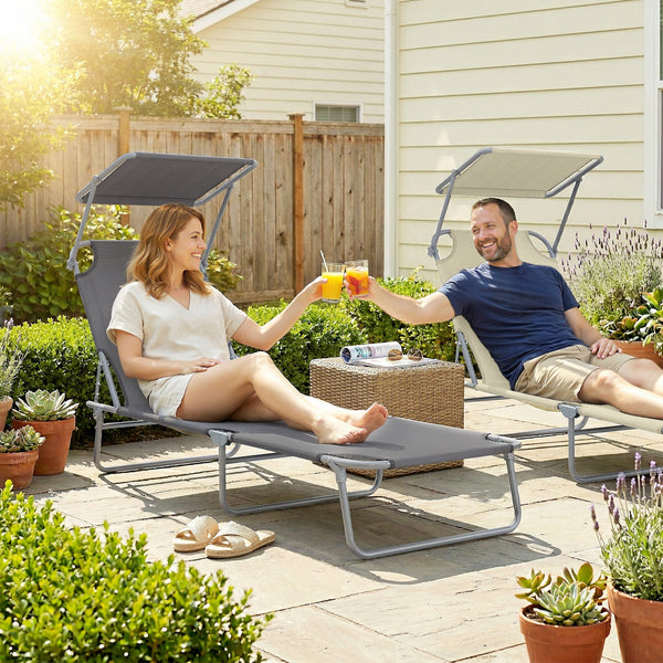 Transat Bain de Soleil Pliable Chaise Longue Pliante Grand Confort Dossier Inclinable Multi-positions et Pare-Soleil Réglable 187L x 58l x 36H cm Gris