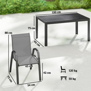 Salon de jardin extérieur 7 pièces, table de jardin extérieure avec 6 chaises empilables, plateau à lattes 150 cm, structure en acier anti-rouille, mobilier de jardin, terrasse, Gris Clair