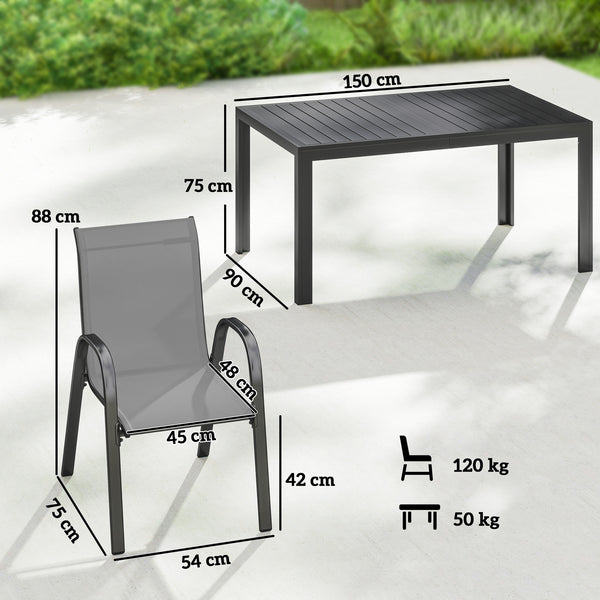 Salon de jardin extérieur 7 pièces, table de jardin extérieure avec 6 chaises empilables, plateau à lattes 150 cm, structure en acier anti-rouille, mobilier de jardin, terrasse, Gris Clair