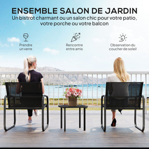 Ensemble bistrot de jardin 3 pièces, salon de jardin extérieur 2 personnes avec 2 chaises en maille et table basse en verre trempé, mobilier de jardin, terrasse, balcon, véranda, noir