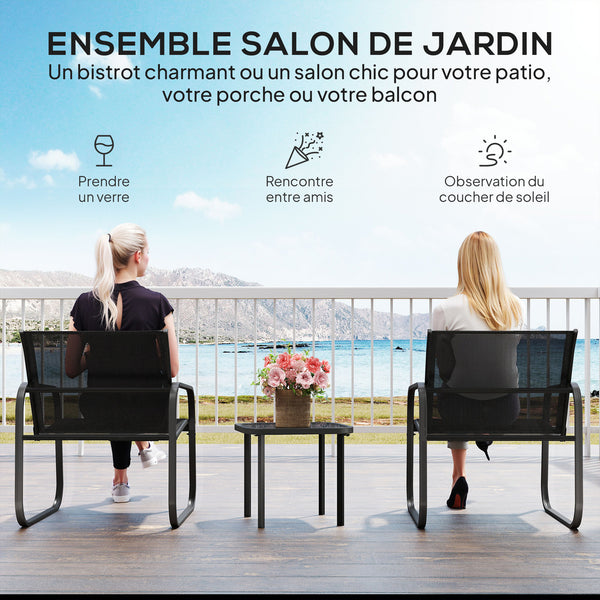 Ensemble bistrot de jardin 3 pièces, salon de jardin extérieur 2 personnes avec 2 chaises en maille et table basse en verre trempé, mobilier de jardin, terrasse, balcon, véranda, noir
