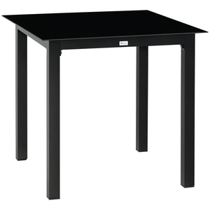 Table de jardin carrée table de salle à manger extérieur pour 4 personnes avec plateau en verre trempé et cadre en aluminium 80 x 80 x 74 cm noir