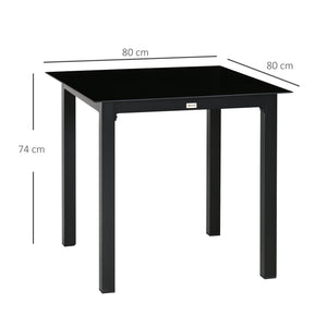 Table de jardin carrée table de salle à manger extérieur pour 4 personnes avec plateau en verre trempé et cadre en aluminium 80 x 80 x 74 cm noir