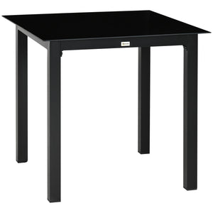 Table de jardin carrée table de salle à manger extérieur pour 4 personnes avec plateau en verre trempé et cadre en aluminium 80 x 80 x 74 cm noir