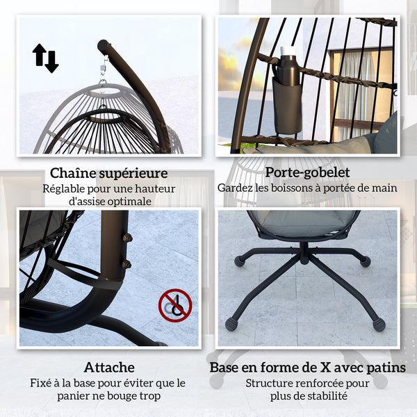 Fauteuil suspendu, fauteuil oeuf suspendu panier pliable, chaise hamac balançoire, avec coussin rembourré, oreiller, porte-gobelet, pour intérieur et extérieur, gris foncé
