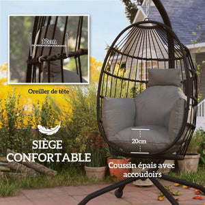 Fauteuil suspendu, fauteuil oeuf suspendu panier pliable, chaise hamac balançoire, avec coussin rembourré, oreiller, porte-gobelet, pour intérieur et extérieur, gris foncé