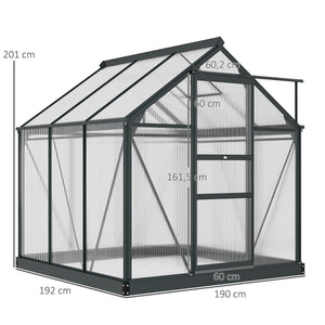Serre de jardin polycarbonate 3,65 m² serre en aluminium pour le jardin 190 x 192 x 201 cm résistant aux UV, avec fondation renforcé, gouttière, lucarne et porte coulissant, Gris