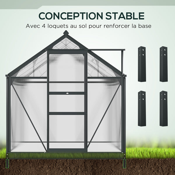 Serre de jardin polycarbonate 3,65 m² serre en aluminium pour le jardin 190 x 192 x 201 cm résistant aux UV, avec fondation renforcé, gouttière, lucarne et porte coulissant, Gris
