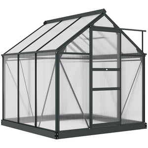 Serre de jardin polycarbonate 3,65 m² serre en aluminium pour le jardin 190 x 192 x 201 cm résistant aux UV, avec fondation renforcé, gouttière, lucarne et porte coulissant, Gris