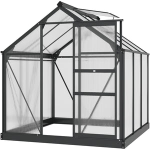 Serre de jardin polycarbonate 3,65 m² serre en aluminium pour le jardin 190 x 192 x 201 cm résistant aux UV, avec fondation renforcé, gouttière, lucarne et porte coulissant, Gris