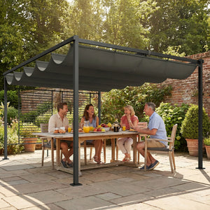 Pergola Jardin Extérieur 3x4m avec Tonnelle à Vigne, Protection UV50+ et Toit Rétractable - Abri de Terrasse en Acier et Panneaux d'Intimité pour Plantes Grimpantes et Terrasse, Gris Foncé