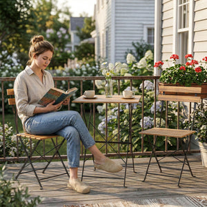 Ensemble de Salon de Jardin Bistrot 3 Pièces, Mobilier de Terrasse avec 2 Chaises Pliantes et Table Carrée en Bois d'Acacia, Cadre en Métal, pour Balcon Patio Jardin, Naturel