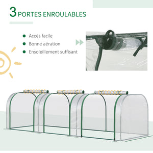 Mini Serre de Jardin mini serre tunnel serre à tomates 3L x 1l x 0,8H m Acier PVC Haute densité Anti-UV 3 fenêtres avec Zip enroulables Vert et Transparent