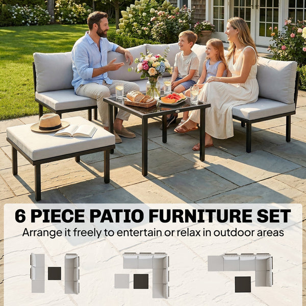 Ensemble salon de jardin 6 pièces, mobilier de jardin d'angle avec canapé 2 places, 3 chaises, repose-pieds, table en verre, coussins, salon extérieur en L en métal, Gris clair