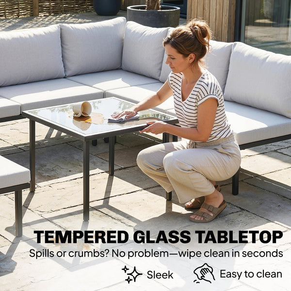 Ensemble salon de jardin 6 pièces, mobilier de jardin d'angle avec canapé 2 places, 3 chaises, repose-pieds, table en verre, coussins, salon extérieur en L en métal, Gris clair