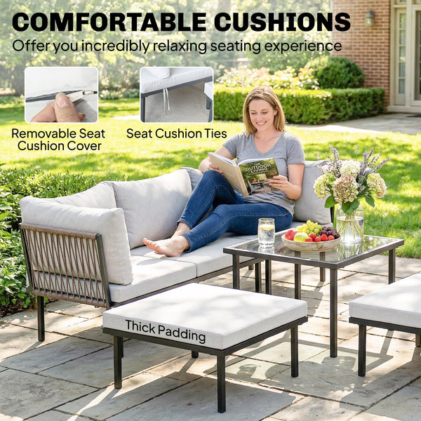 Ensemble salon de jardin 6 pièces, mobilier de jardin d'angle avec canapé 2 places, 3 chaises, repose-pieds, table en verre, coussins, salon extérieur en L en métal, Gris clair