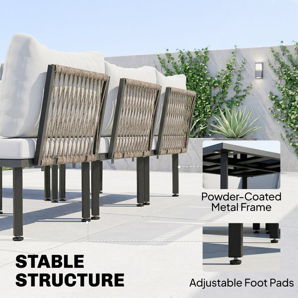 Ensemble salon de jardin 6 pièces, mobilier de jardin d'angle avec canapé 2 places, 3 chaises, repose-pieds, table en verre, coussins, salon extérieur en L en métal, Gris clair