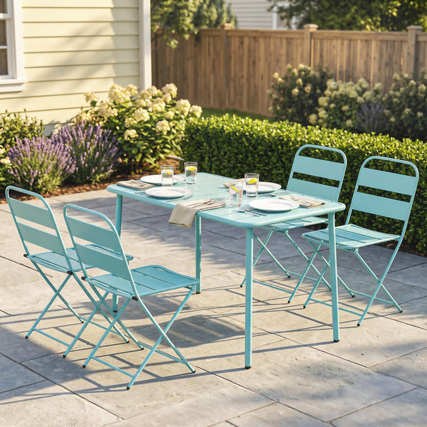 Ensemble de Salle à Manger Extérieur 5 Pièces, pour 4 Personnes, Plateau à Lattes, Chaises Pliantes, Cadre Antirouille, Vert Clair